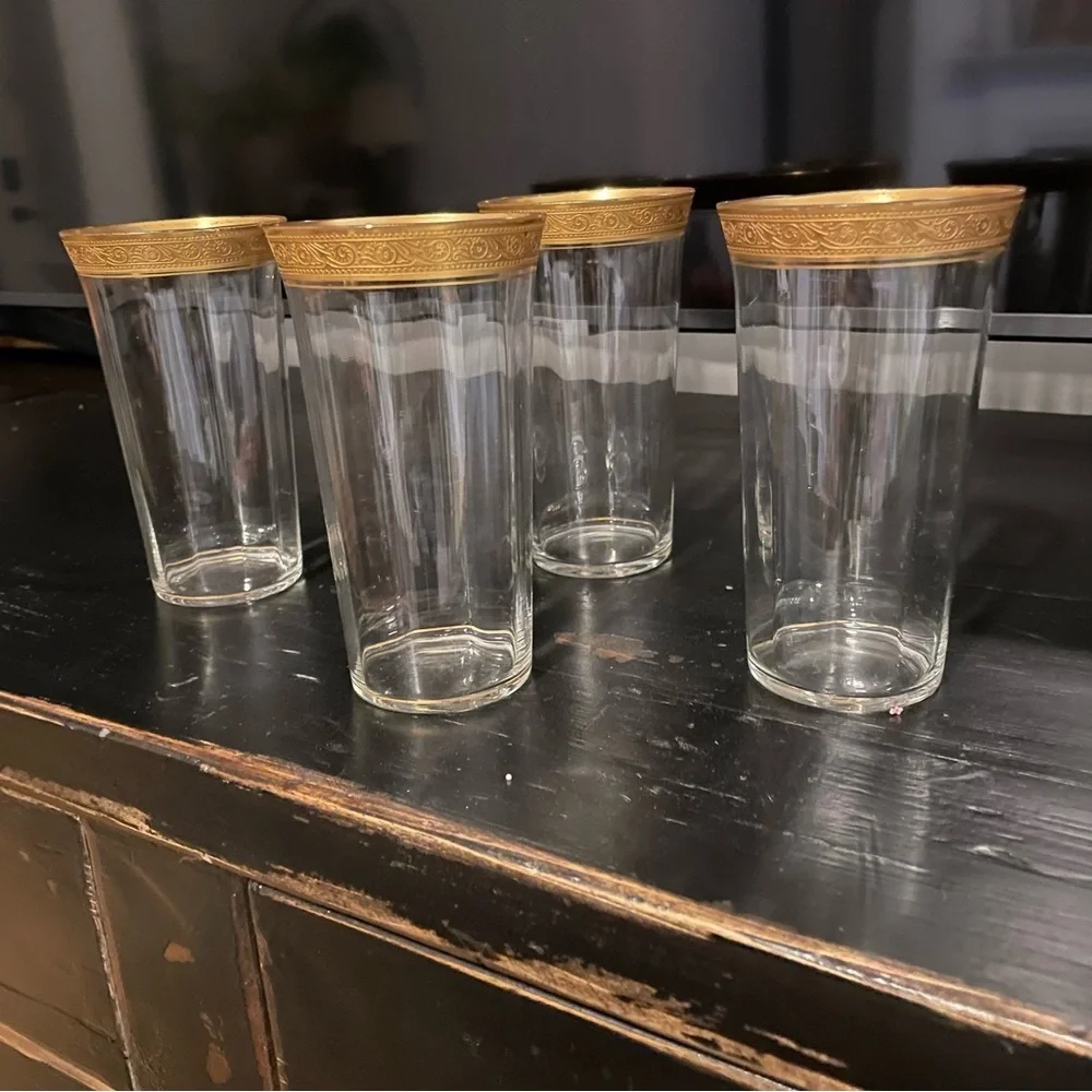 Tiffin Franciscan Minton Optic Gold Encrusted 4/ Flat Tumbler Juice Glasses RARE
